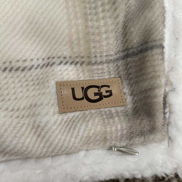 UGG King Plaid Pillowcase Sham Tan Gray Plush Sherpa Faux Fur Zipper Closure - Picture 10 of 13
